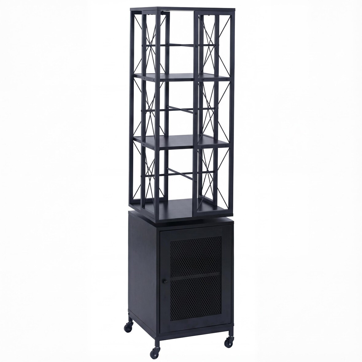 Bücherregal HWC-P13, Standregal Drehregal, Rollen drehbar Tür, Metall Industrial Melamin MVG 162x40x42cm ~ schwarz
