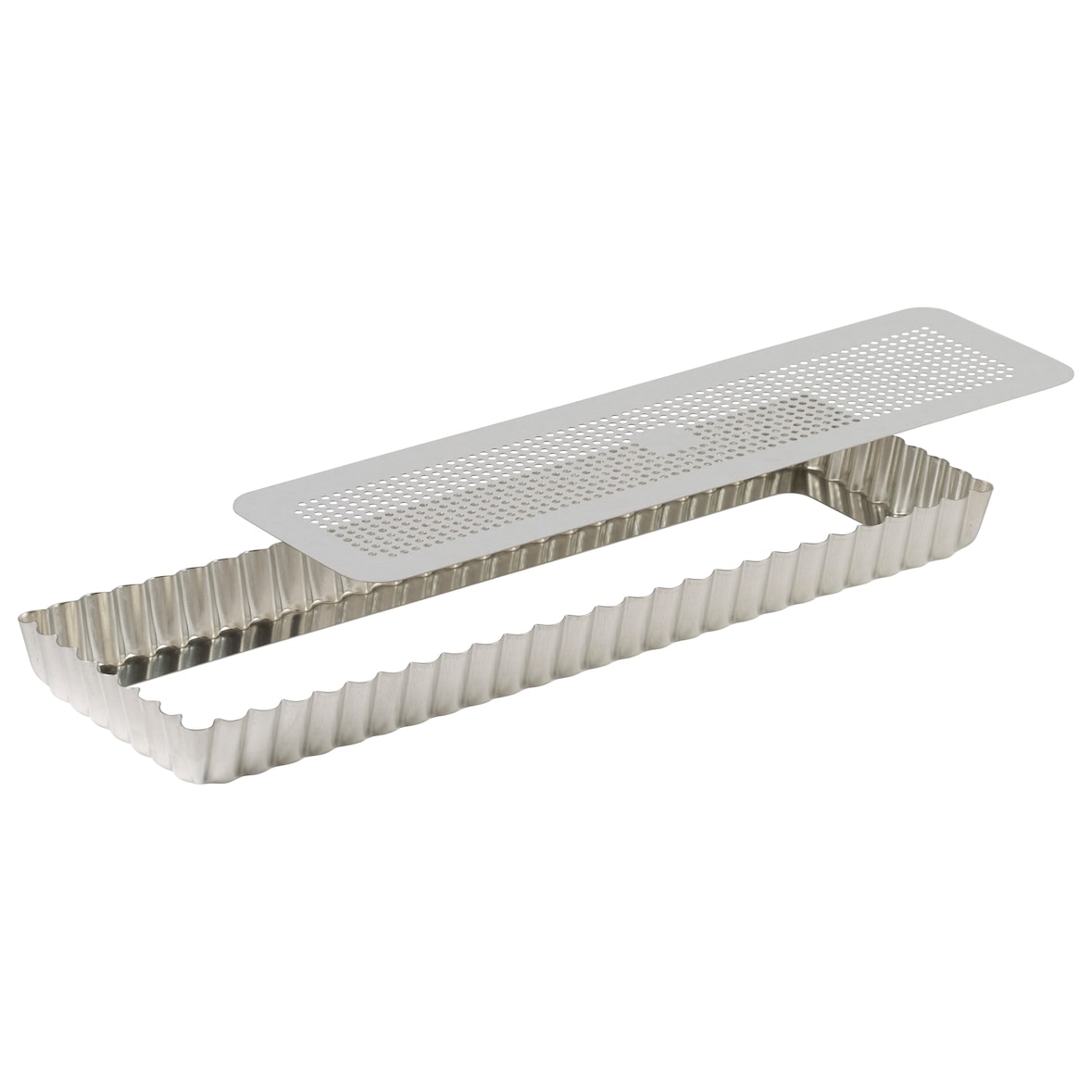 Gobel - Tortenform, rechteckig, geriffelt, perforiert - Weißblech - Hebeboden - 350x110 mm Ø außen / 340x100mm Ø innen - H 25mm - 125412