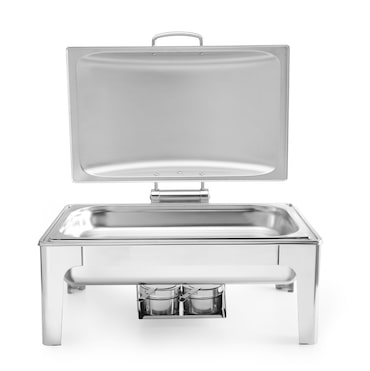 O Chafing Dish Hendi tem um acabamento acetinado com 9 litros e uma tampa de aço inoxidável.