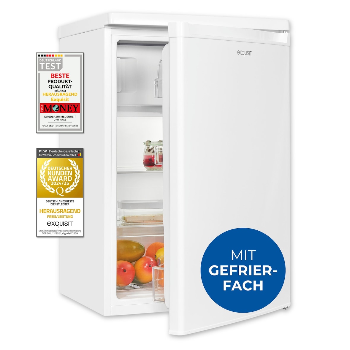 Exquisit Kühlschrank mit Gefrierfach, 109 Liter, kleiner Kühlschrank, freistehend, 85 cm hoch, Kompakt, KS516-4-E-040E weiss