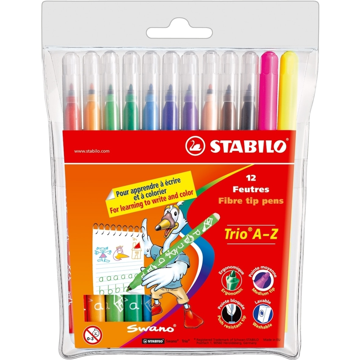 Fasermaler mit Dreikant-Griffzone Trio A-Z 0,7 mm Etui mit 12 Farben Packung mit 12 Stück
