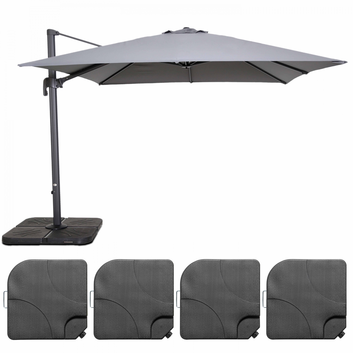 Parasol descentrado 3×3 m inclinable, giratorio y con 4 losas rellenables de aluminio gris