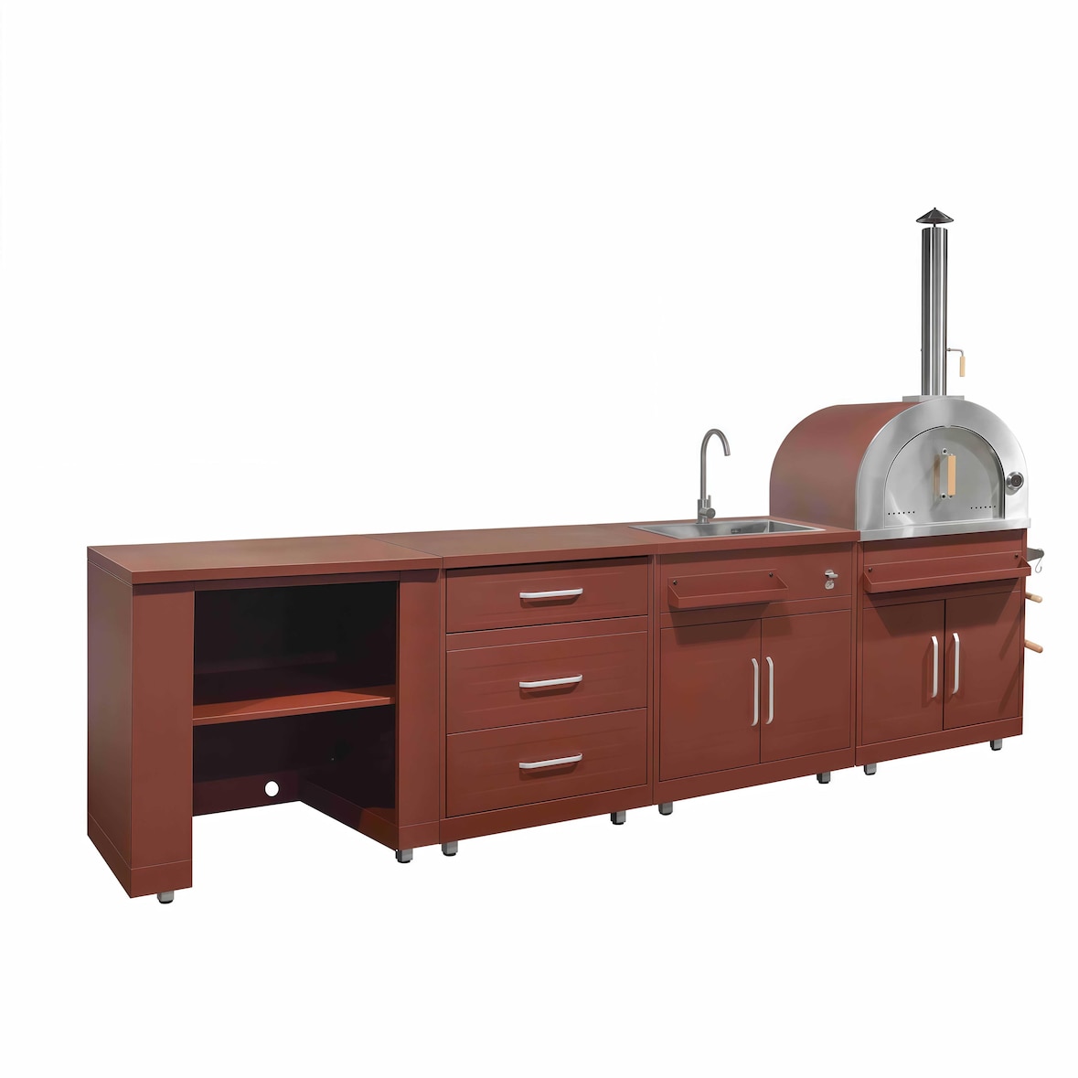 Cocina exterior Oviala de 4 piezas con horno de pizza, acero, 96 x 322 x 89 cm (ladrillo)
