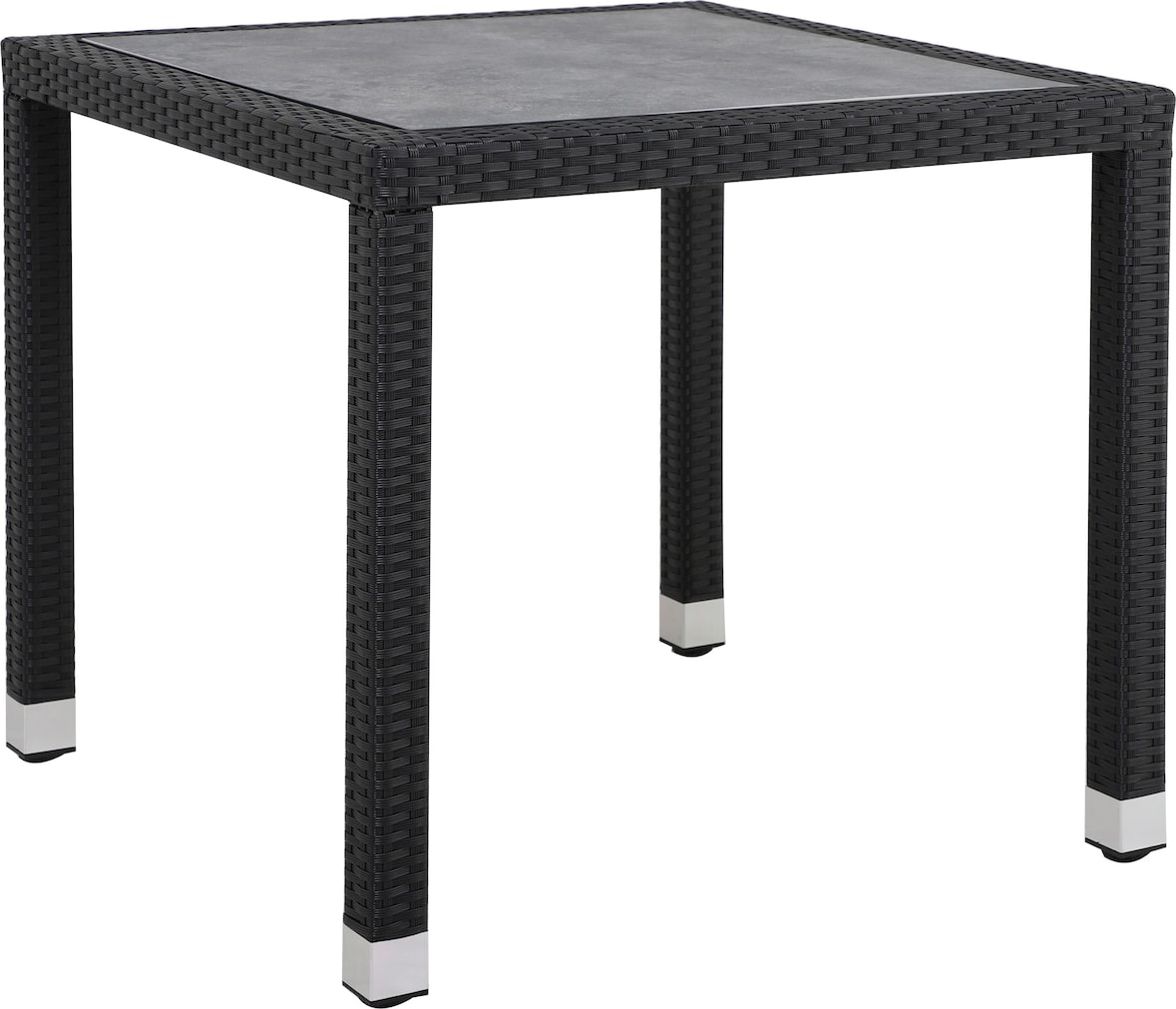 METRO Professional Mesa de comedor gastro Barbados, aluminio / ratán PE/ Tablero DPC, 90 x 90 x 74 cm, resistente a la intemperie, negro