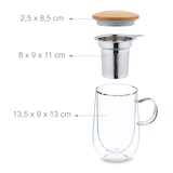 thumbnail of Relaxdays Teeglas, mit Edelstahl-Sieb, Bambusdeckel, Henkel, Volumen 430 ml, doppelwandige Teetasse, transparent/natur