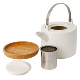 thumbnail of Trendy Porseleinen Theepot 1200 ml – Met Uitneembare RVS Theezeef & Bamboe Onderzetter – Voor Losse Thee – Mat Wit