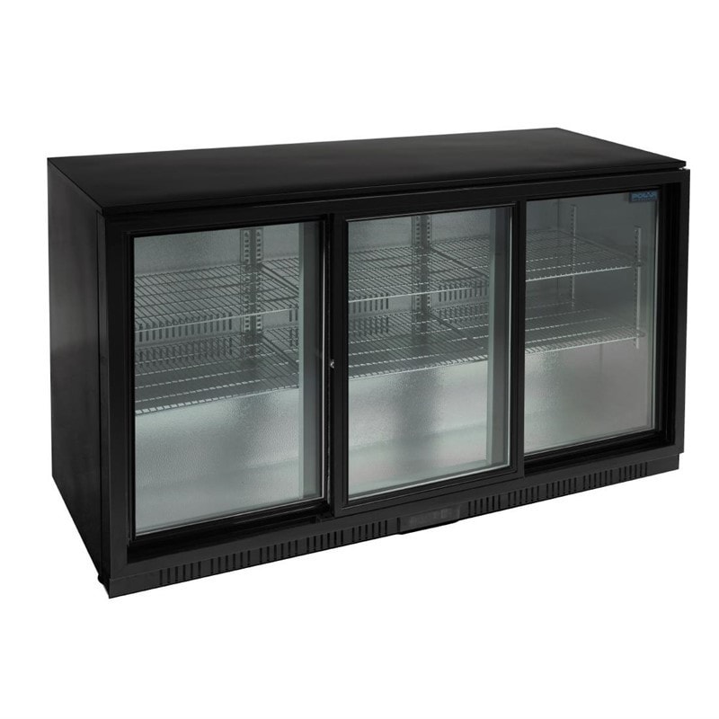 Expositor de bebidas de balcão, 3 portas deslizantes, chapa/alumínio/vidro, 85 x 135 x 52 cm, 300W, refrigeração por ar, 320L, preto, Polar GL013