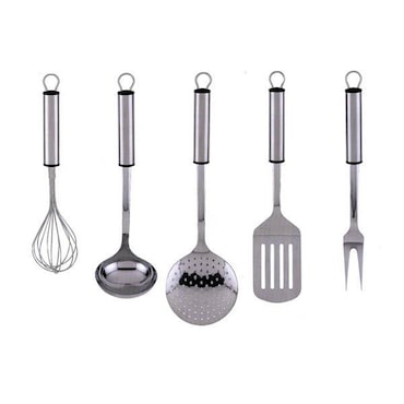 Juego utensilios de cocina de acero inoxidable (5 piezas) graff, 1 cucharón, 1 tenedor de trinchar, 1 espumadera, 1 batidor de varillas, 1 espátula