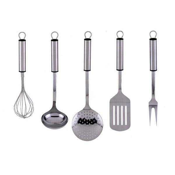 Juego utensilios de cocina de acero inoxidable (5 piezas) graff, 1 cucharón, 1 tenedor de trinchar, 1 espumadera, 1 batidor de varillas, 1 espátula