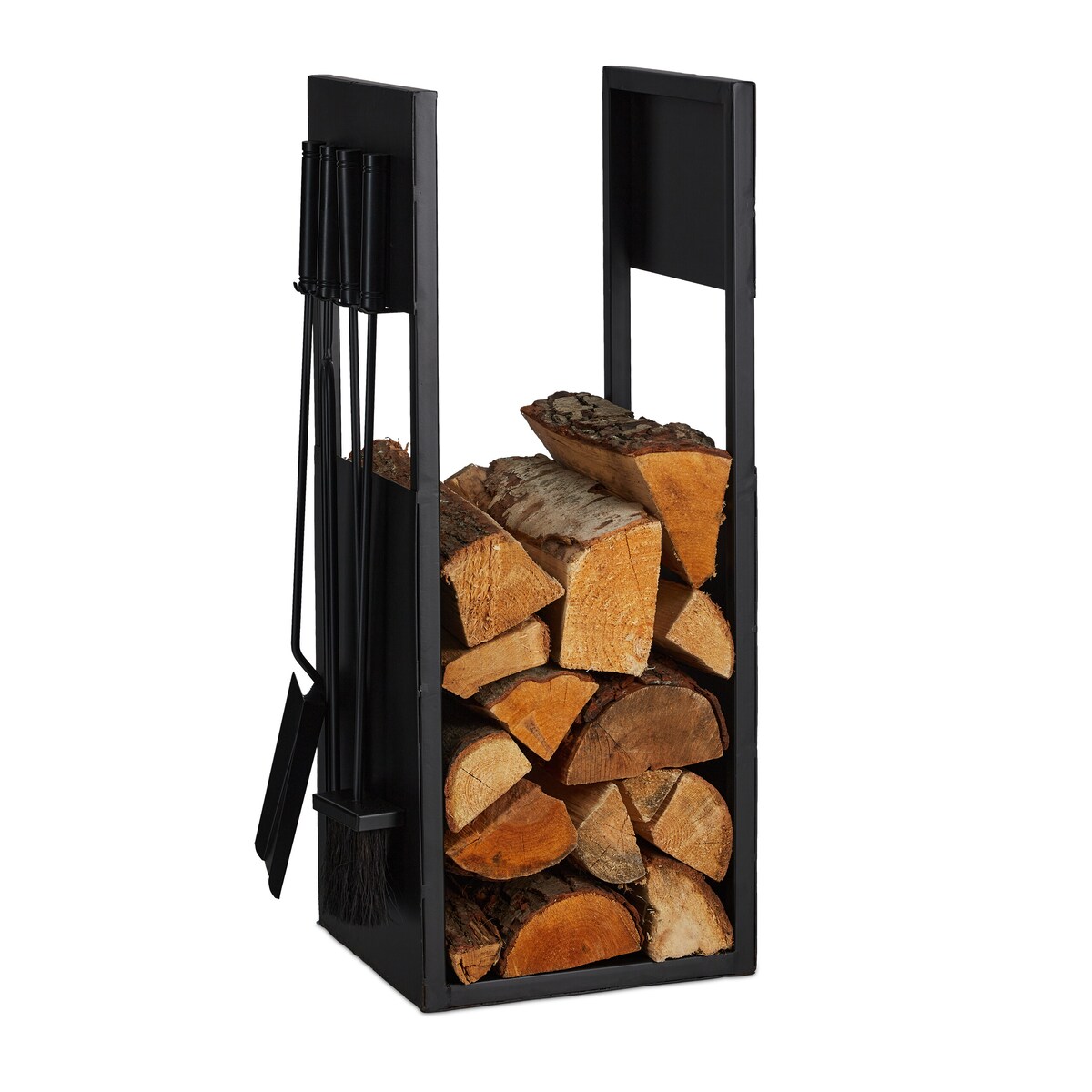 Relaxdays Kaminholzregal mit Besteck, Metall, HBT: 76,5x36x30 cm, Brennholzregal innen, Holzscheite & Brennholz, schwarz