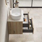 thumbnail of Badezimmer-Waschtisch 60x46x62 Ovales Keramikbecken Sintersteinplatte Schrank Sperrholz Soft-Close Schubladen Modern Weiß+Eiche