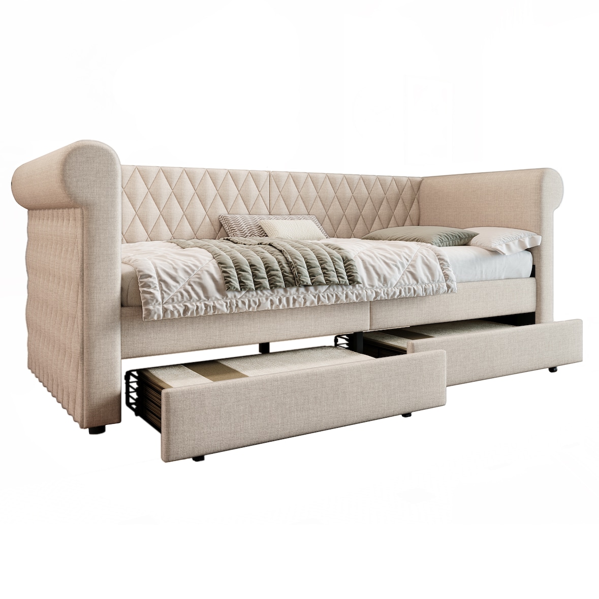 Schlafsofa Daybed 90x200 mit 2 Schubladen Stauraum, Leinenstoff Bezug, Armlehnen Rückenlehne, Tagesbett Gästebett Beige