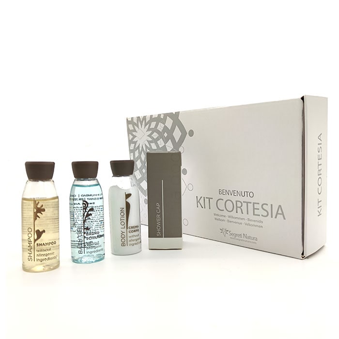 Kit cortesia cosmetico linea Flower SBCC per hotel e b&b in cofanetto Shampoo - Bagnoschiuma - Crema corpo - Cuffia doccia (10 kit)