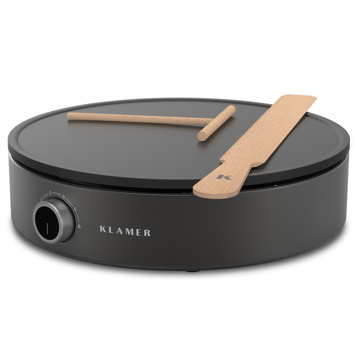 KLAMER Crepes Maker, Große Backfläche mit 33cm Ø, antihaftbeschichtete Platte, inkl. Teigverteiler und Wender aus Holz, Crepes Eisen für Crepes, Panc.
