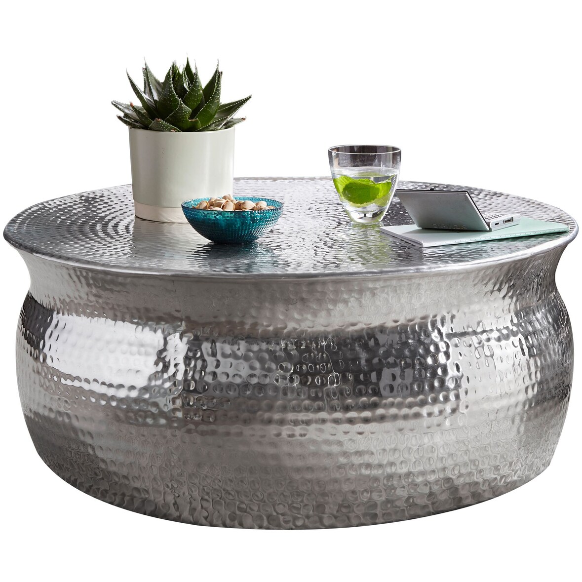 Couchtisch 75x31x75cm Aluminium Silber Beistelltisch orientalisch rund, Flacher Hammerschlag Sofatisch Metall, Design Wohnzimmertisch modern,