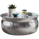 thumbnail of Couchtisch 75x31x75cm Aluminium Silber Beistelltisch orientalisch rund, Flacher Hammerschlag Sofatisch Metall, Design Wohnzimmertisch modern,