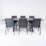 thumbnail of Conjunto de mesas e cadeiras de exterior almofadadas, mesa extensível de 150 a 250 cm, alumínio e vidro, cor antracite