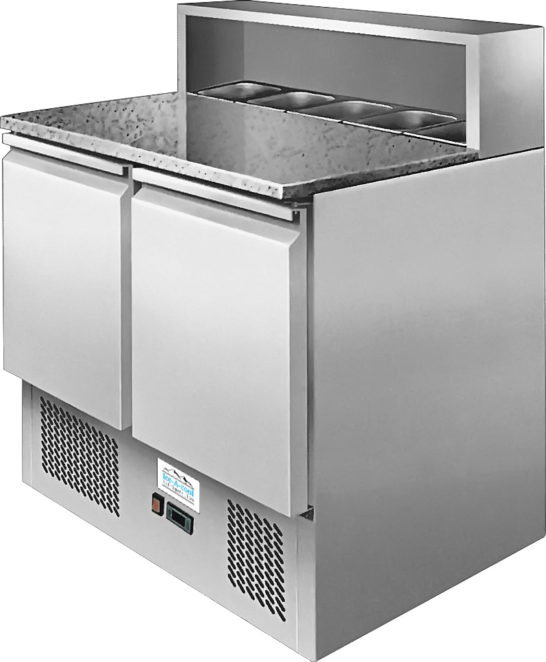 ICE-A-COOL 2 türige Pizza Saladette mit Granitplatte, Kapazität 300 L, automatische Abtaufunktion