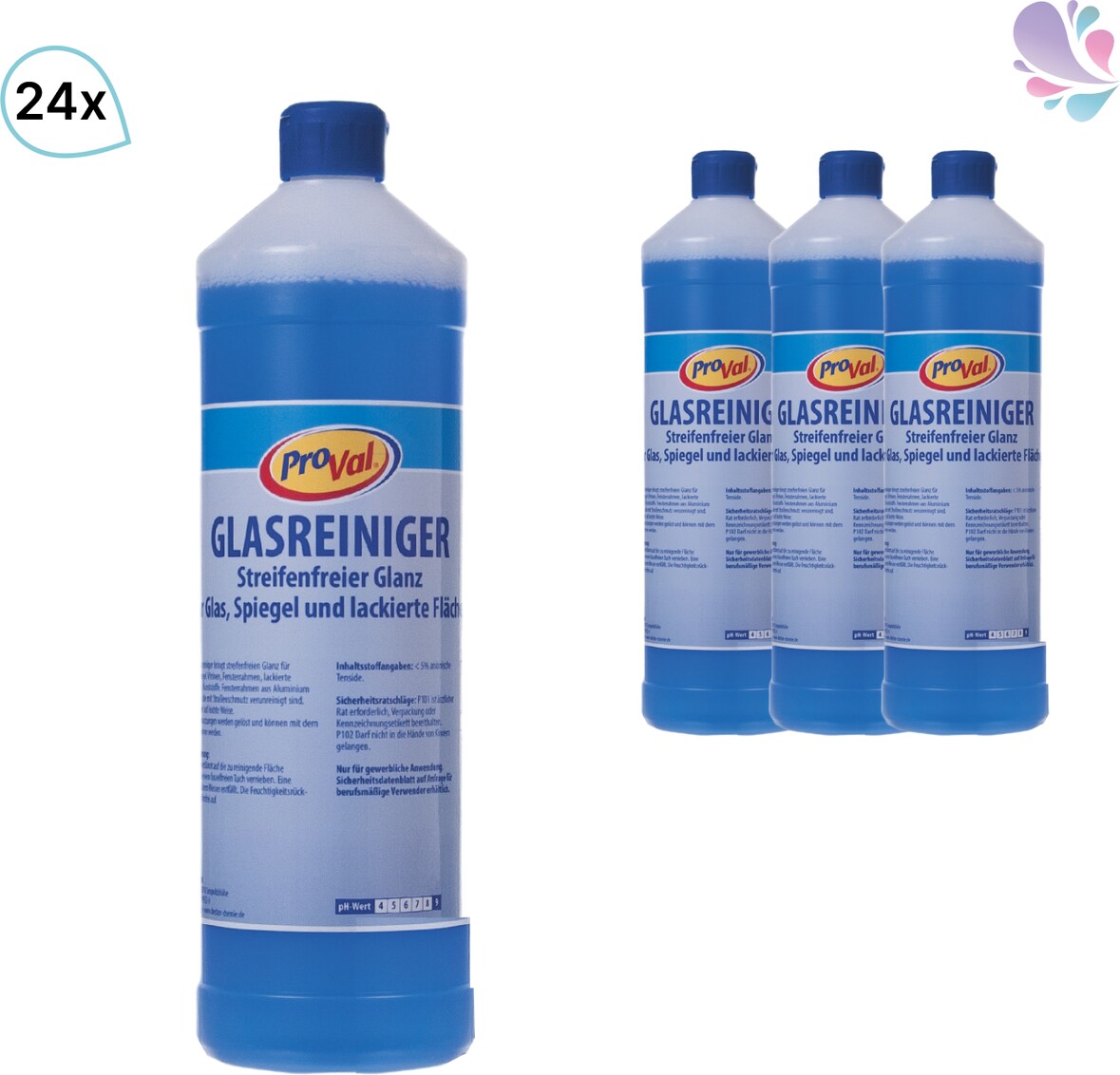 Glasreiniger Pro Val, schnelltrocknend, streifenfrei, effektiv, flüssig, 24 x 1L Flaschen