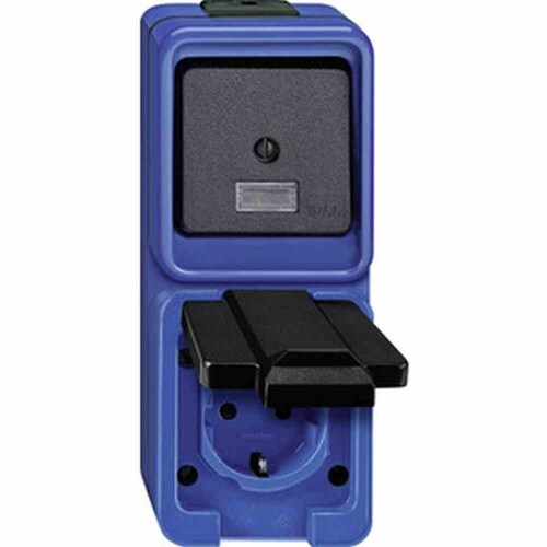 Merten SCHLAGFEST Kombination Steckd/Schalt, Wechselschalter, Aufputz, blau, IP44, matt