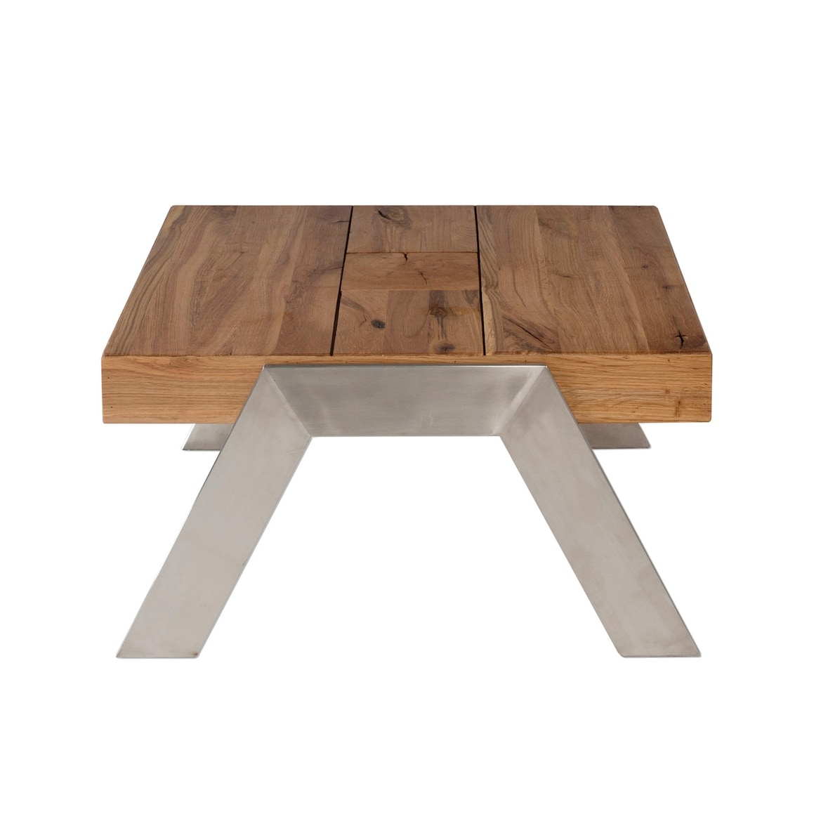 Vierhaus Couchtisch Wildeiche Massiv antik mit Gebrauchsspuren und Kopfholzintarsie, Metallteile edelstahlfarbig  geschliffen, 82,5/80/45 cm