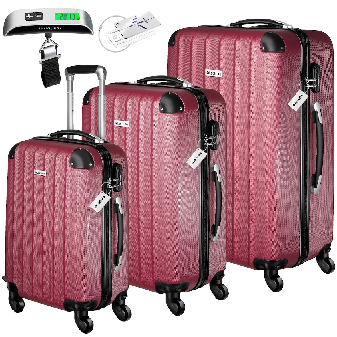 tectake Set di 3 valigie Talia con bilancia ed etichette 75 x 50 x 30 cm Rosso Vino