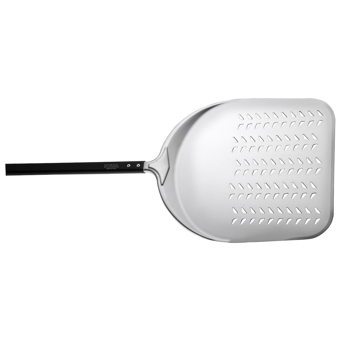 Piazza pala pizza per infornare, collezione punto rosso,  rettangolare forata in alluminio 33cm, lunghezza con manico 187cm,manico nero, pomolo rosso