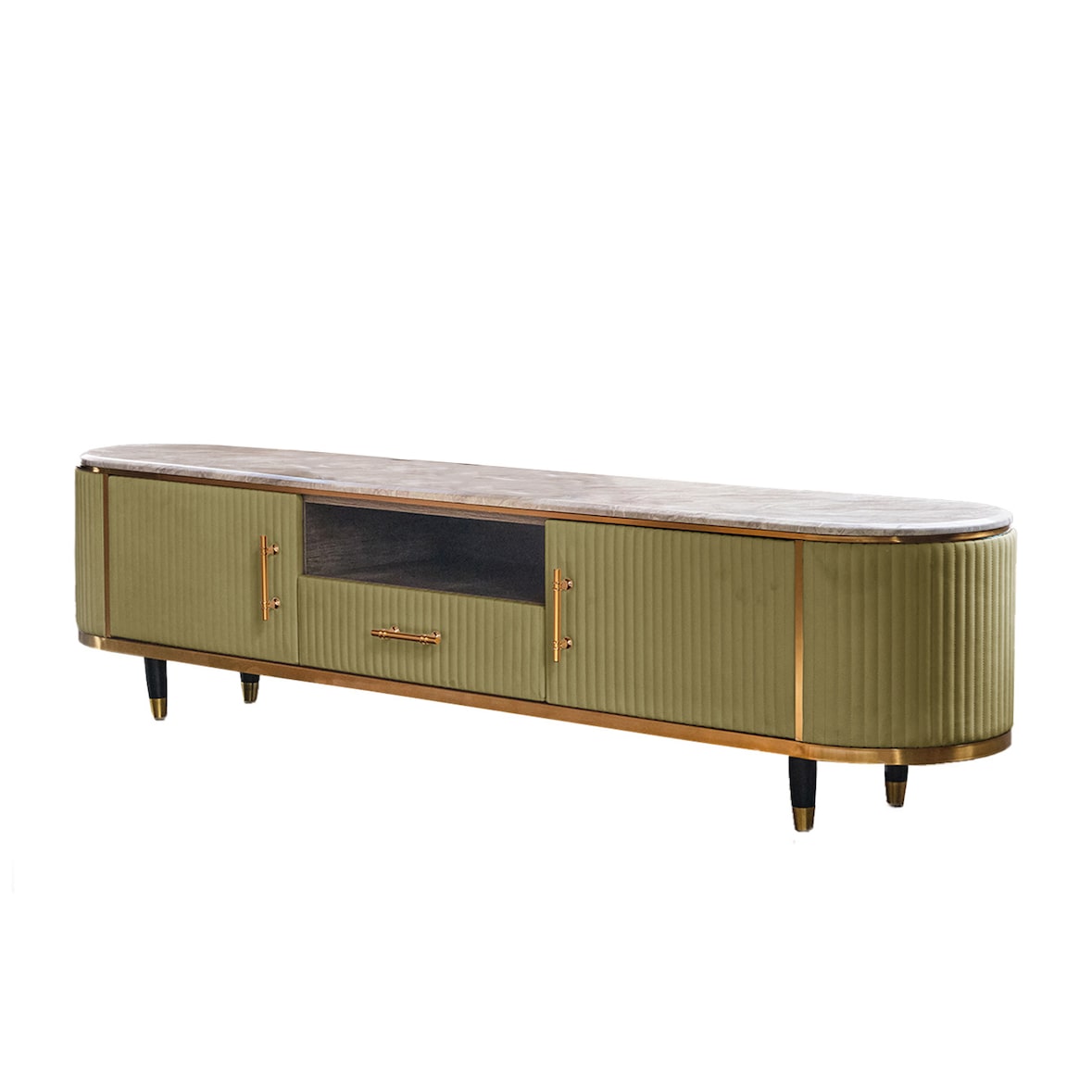 Mueble bajo para TV MARIA de KAWOLA, tapa de mármol, piel sintética, color verde oliva