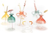 Sechs bunte Glasvasen mit Trockenblumen.
