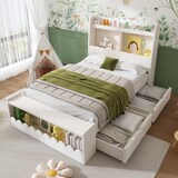 thumbnail of Einzelbett 90x190 mit Stauraum-Schubladen, Kopf- und Fußregal, Massivholzgestell, platzsparend, modernes Design Weiß+Eichefarben