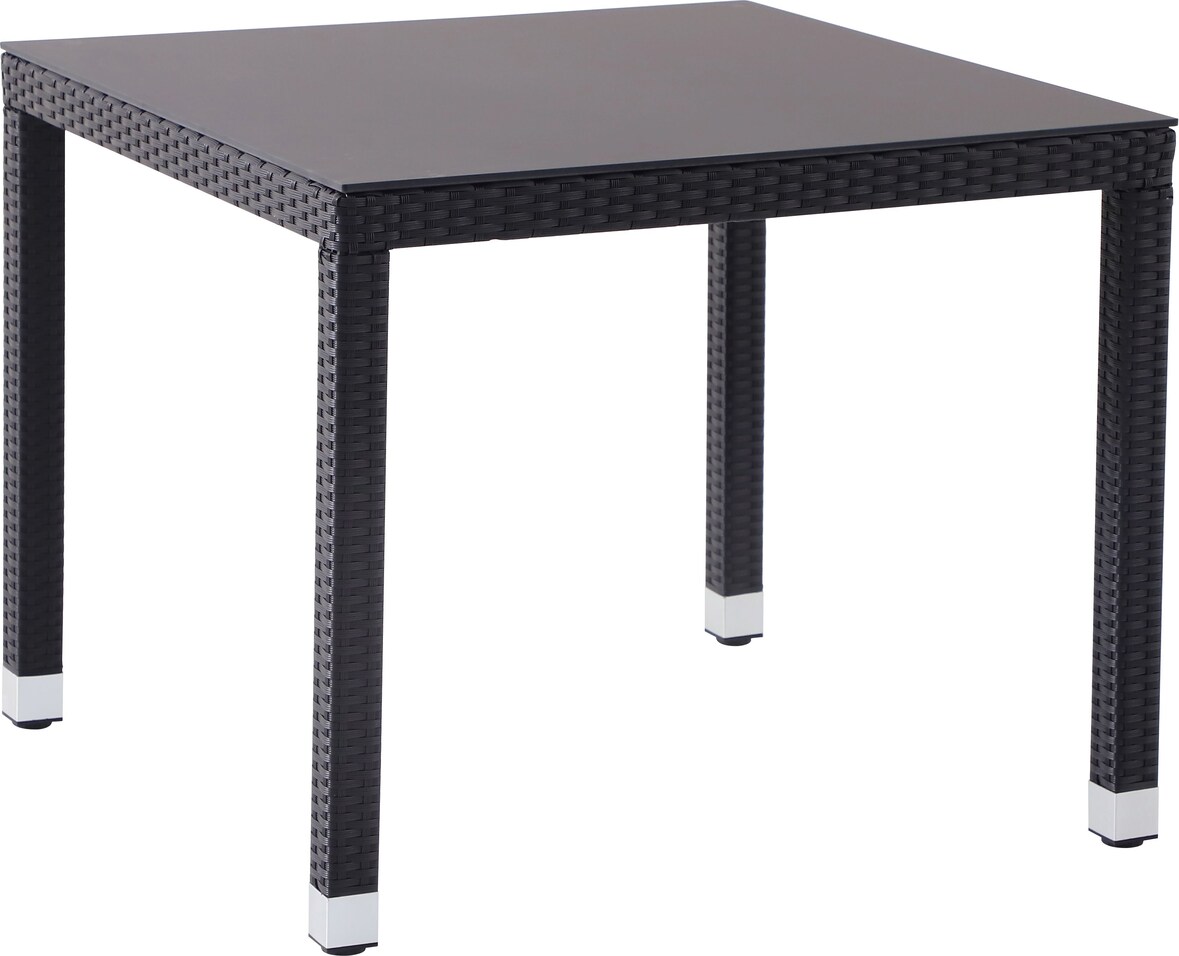 METRO Professional Mesa de comedor gastro Barbados, aluminio / ratán PE, 80 x 80 x 75 cm, tablero de laminado a alta presión, negro