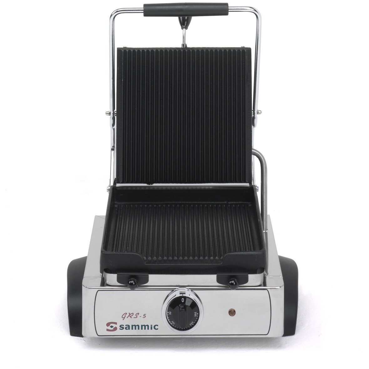 SAMMIC Plancha eléctrica de hierro fundido, con tapa, de 255 x 245 mm mod. GRS-5. Superficies superior e inferior acanaladas.
