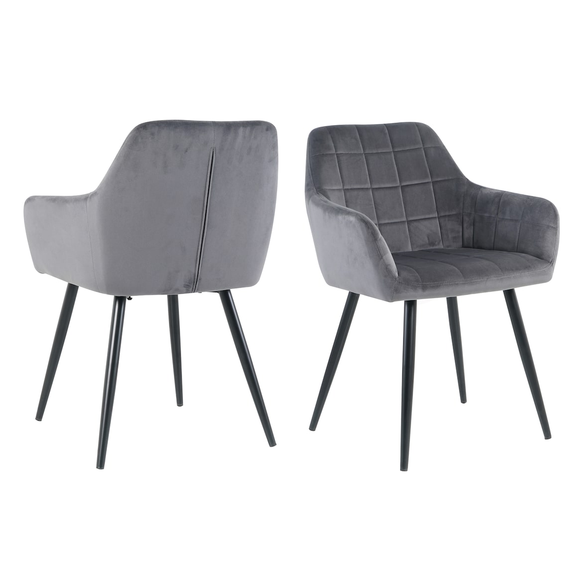 Möbilia Sessel, 2er-Set | mit Quadratsteppung | Bezug Samt | Beine Metall | B 59 x T 62 x H 83 cm | anthrazit – schwarz | 21020066 | Serie STUHL