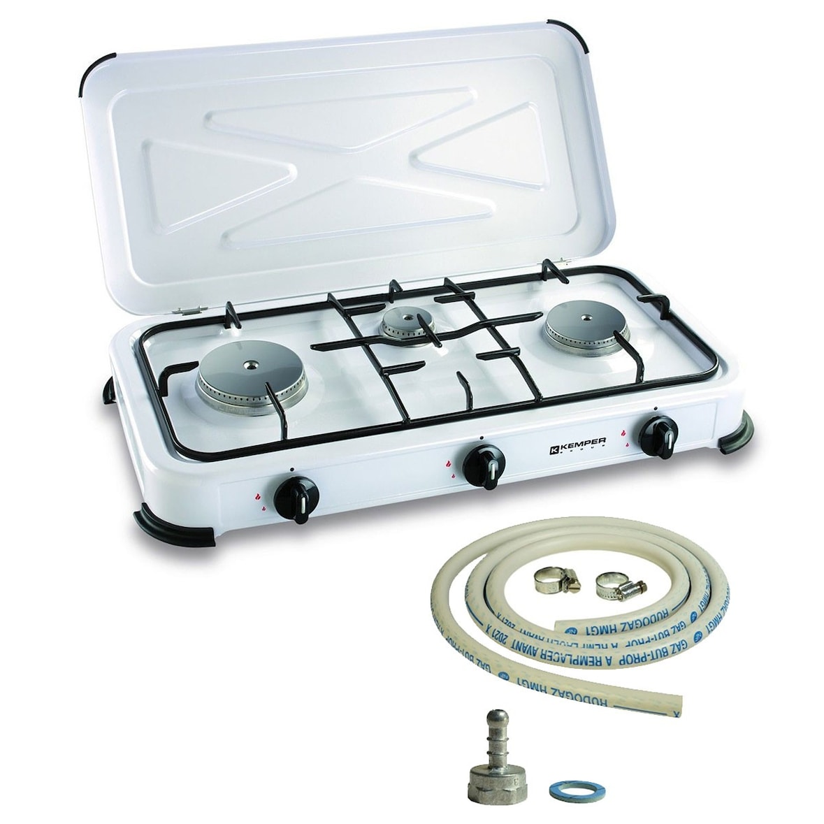 Réchaud gaz portable 3 feux 3450W Blanc laqué Couvercle Plaque de cuisson + Tuyau gaz KEMPER