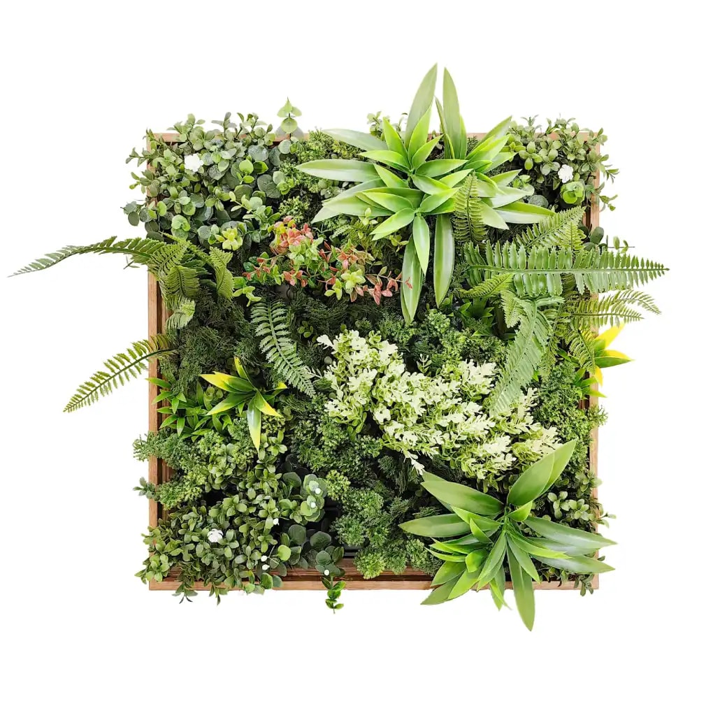 Jardín vertical artificial Bonerva Taormina con marco de madera 50x50 cm pieza decorativa de pared tipo cuadro vegetal para interior sin mantenimiento