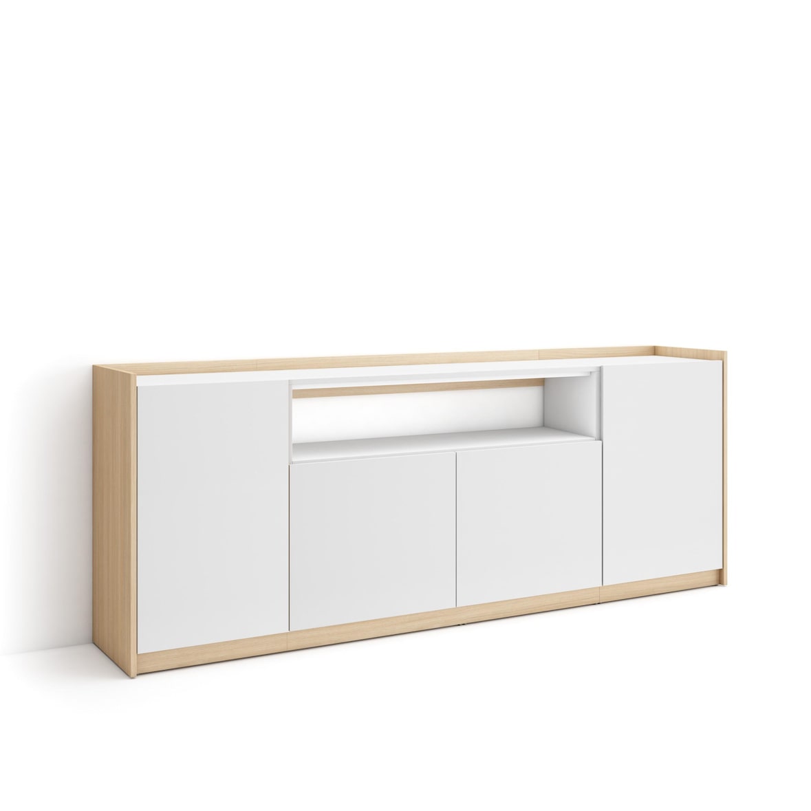 Sideboard, Highboard, 207x80x37 cm, 4 Türen, Wohnzimmer, Küche, Weiß und Eiche Soft