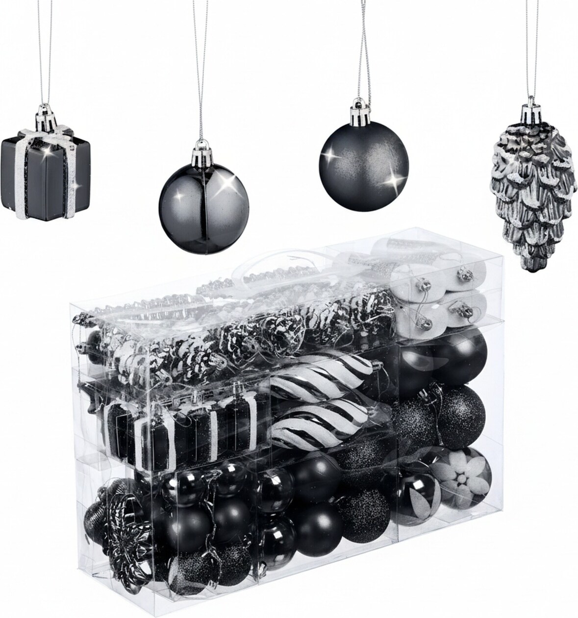 Relaxdays Weihnachtskugeln 72er Set, glitzernde, matte, glänzende Baumkugeln, Stiefel, Herz, Zapfen, Kunststoff, schwarz