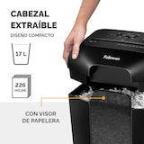 thumbnail of Destructora trituradora de papel Fellowes LX45, uso personal, destruye hasta 8 hojas en partículas de 4x37mm, Din P-4, papelera 17 litros/226 hojas