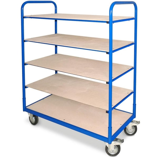 Etagenwagen mit 5 Ebenen, BxTxH 1310x580x1545 mm, 4 Lenkrollen, 2 Rollen mit Feststellbremse