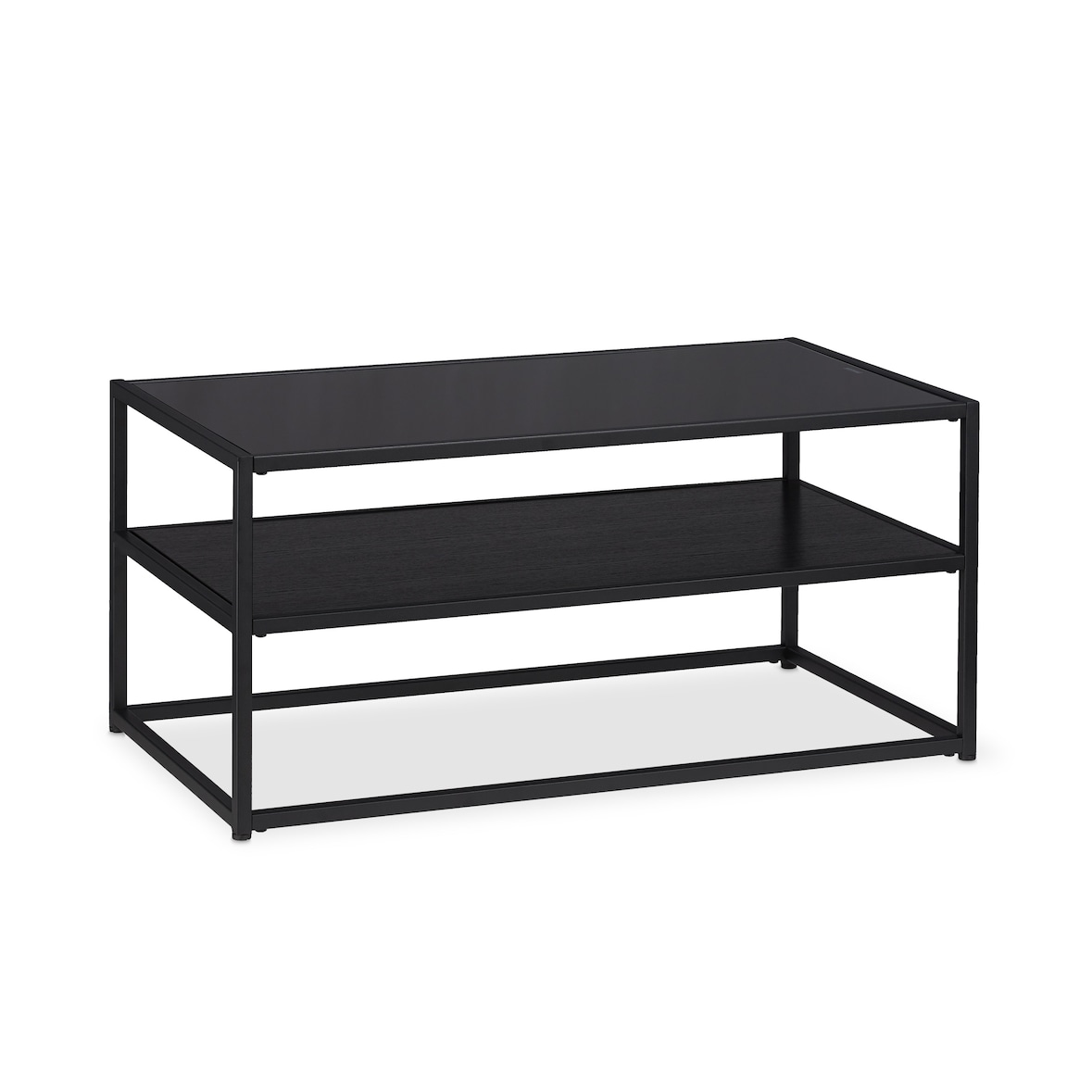 Relaxdays Couchtisch Glas, 2 Ablagen, Metall & Glasplatte, Sofatisch für Wohnzimmer, HxBxT: ca. 42 x 90 x 50 cm, schwarz