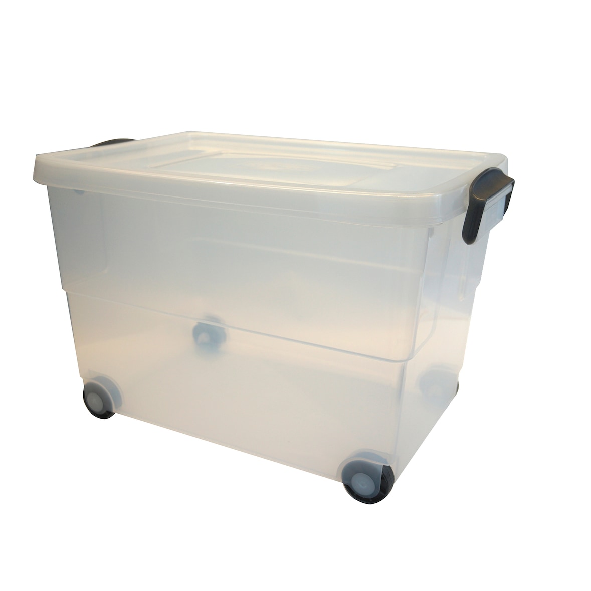 Boîte Eurobox transparente de 60 litres avec roulettes et couvercle.
