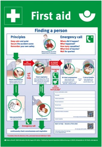 Dreifke® Schild | Erste Hilfe Aushang, englisch, DGUV Information 204-005, Aluminium, 395x575mm