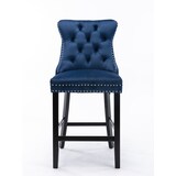 thumbnail of Barhocker Set 2 Samt Blau 103x50x60 cm mit Knopfheftung Ziernägeln Massivholzbeinen höhenverstellbaren Fußgleitern und hohem Rücken