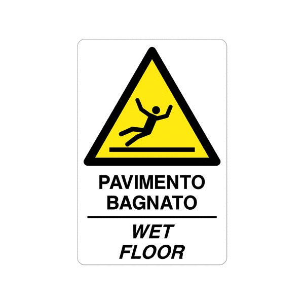cartello in pvc rigido sp.1 mm 210x297 pavimento bagnato wet floor con simbolo pericolo