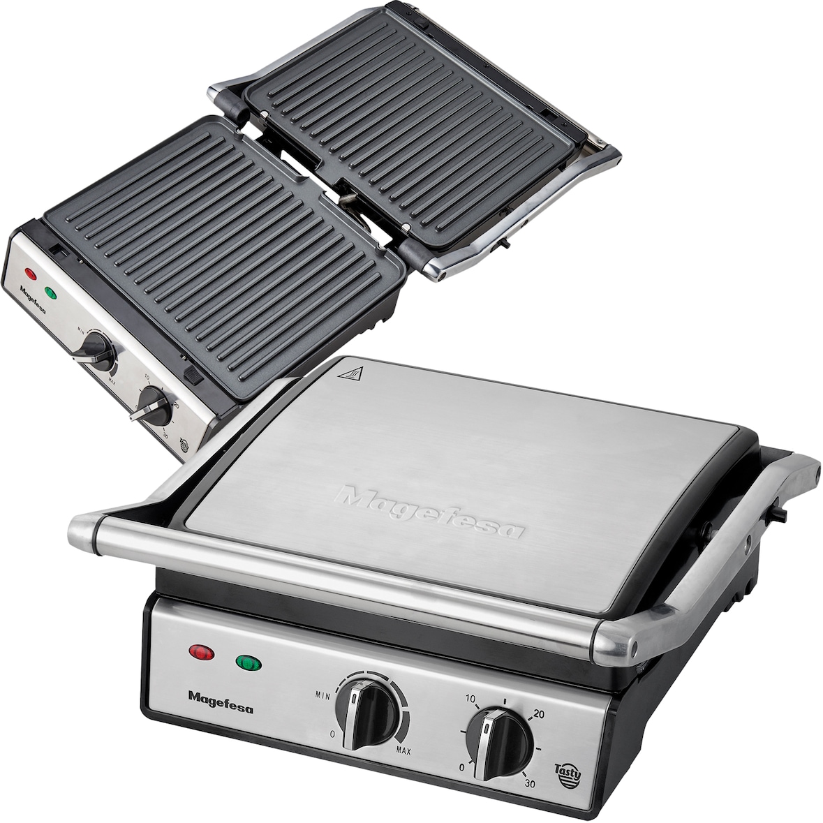 Magefesa Tasty - Grill Eléctrico, 2000W, Planchas Desmontables, Temporizador, Regulador de Potencia, Posición Vertical, Sistema de Apertura 180º