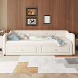 thumbnail of Merax Daybett, 90x200cm Tagesbett mit ausziehbarem Bett,Schlafsofa mit zwei Schubkästen, Einzelbett(Ohne Matratze), Leinen, beige