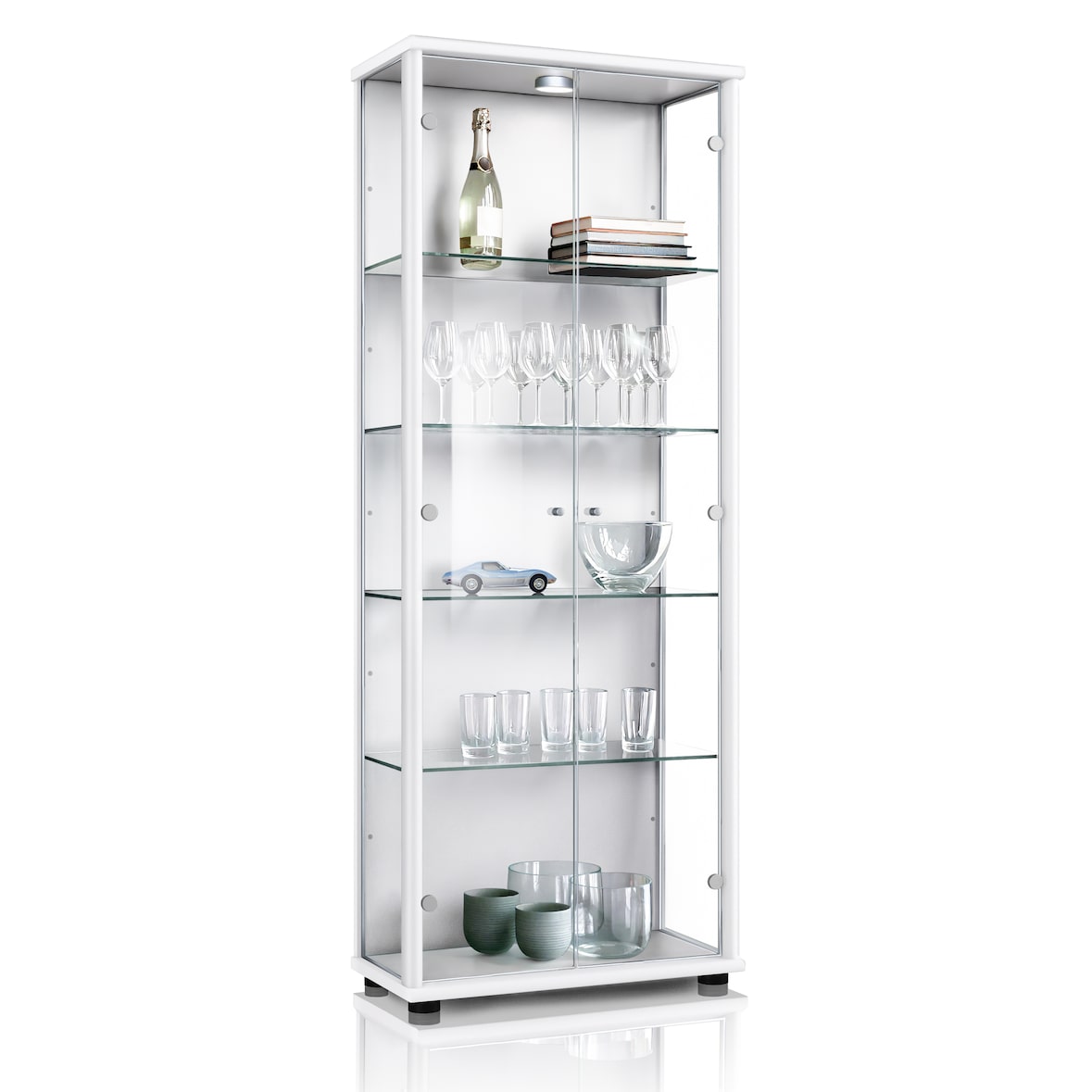 K-Möbel Vetrina da collezione da terra 176x37x33 cm Made in Germany con specchio & serratura & LED & ripiani in vetro Argento