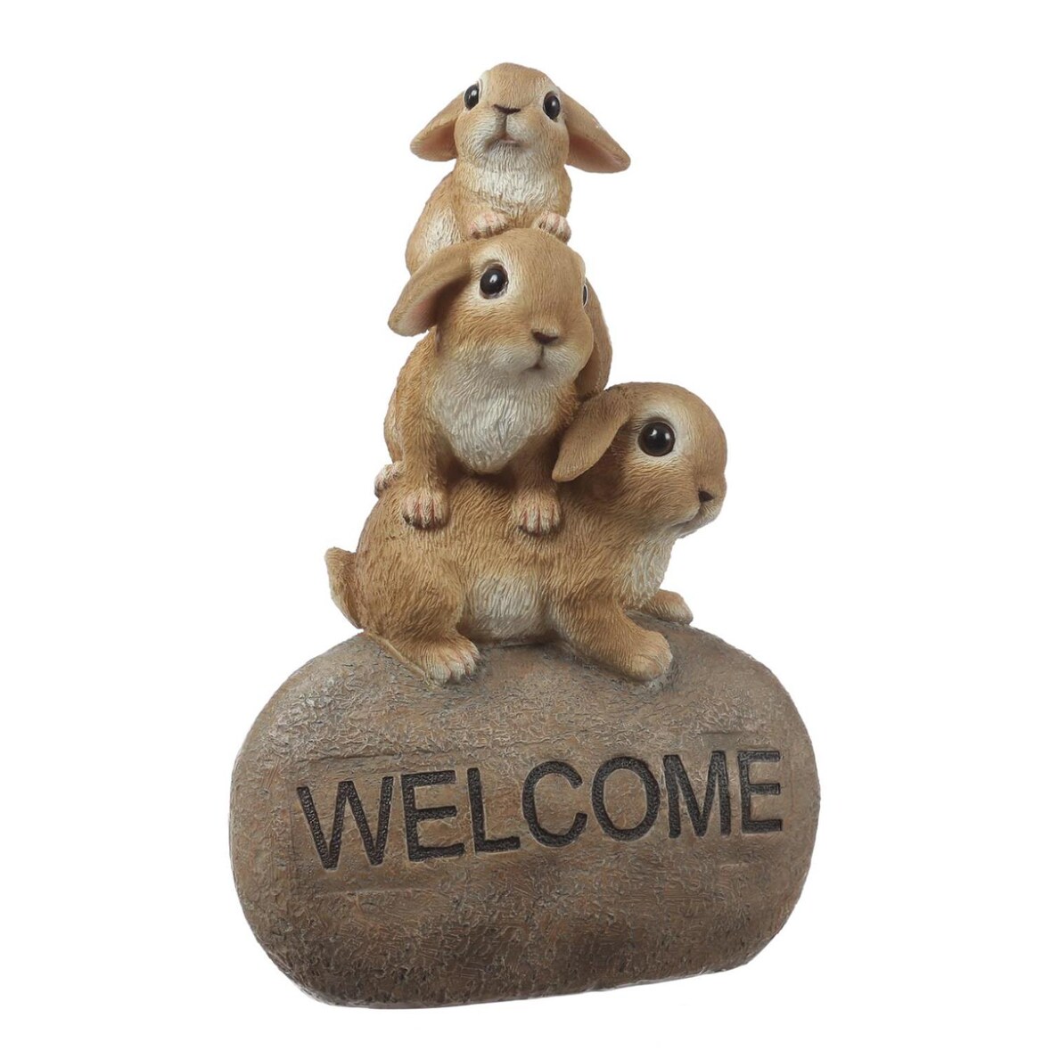 Gartenfigur Welcome 3 Hasen auf Stein Frühling Ostern Eingangsdeko