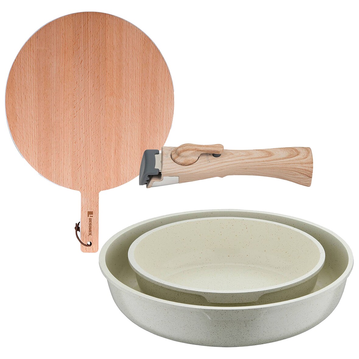 BERGNER - Set mit 2 Bratpfannen Ø22/26cm aus Aluminiumguss, weiß, mit abnehmbarem Griff mit Rundes Schneidebrett 38x28x1,5 cm aus Buchenholz