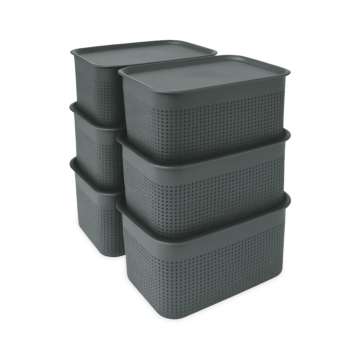 Relaxdays Aufbewahrungsbox 6er Set, mit Deckel, Organizer-Box 5 L, HBT: 13x26,5x19 cm, Stapelbox Kunststoff, grau